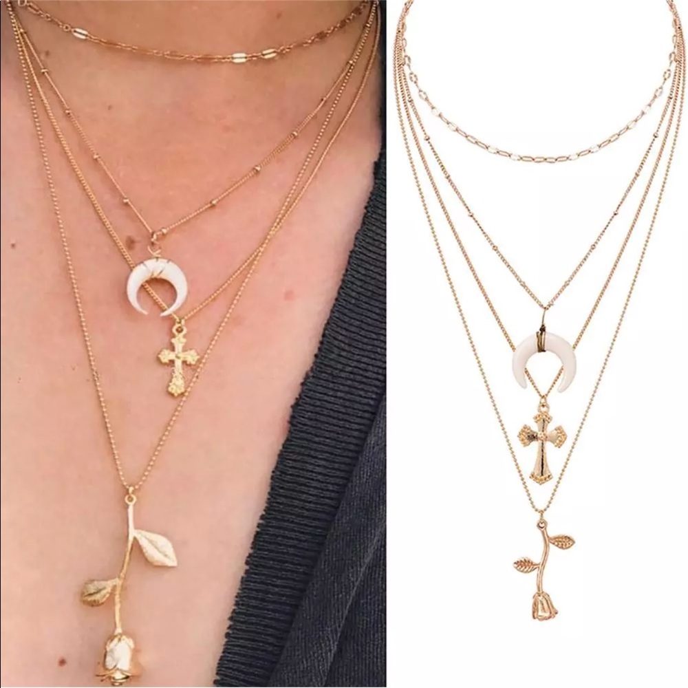 Only 1 left!Layered Moon, Cross & Rose Necklace 🌹 - Picture 4 of 6